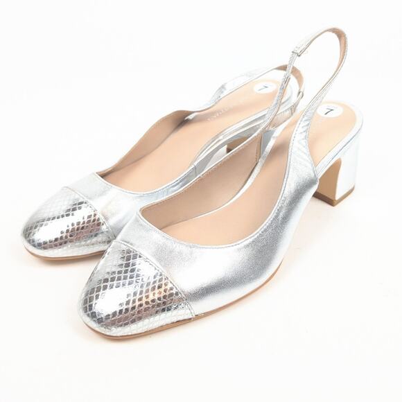 Stuart Weitzman Milla Silver Block Heel Slingback Pumps Size 7 - Picture 2 of 9